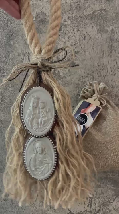 Bendición Escapulario "Devoción Eterna": Virgen del Carmen y Sagrado Corazón conTejido de Algodón Reforzado