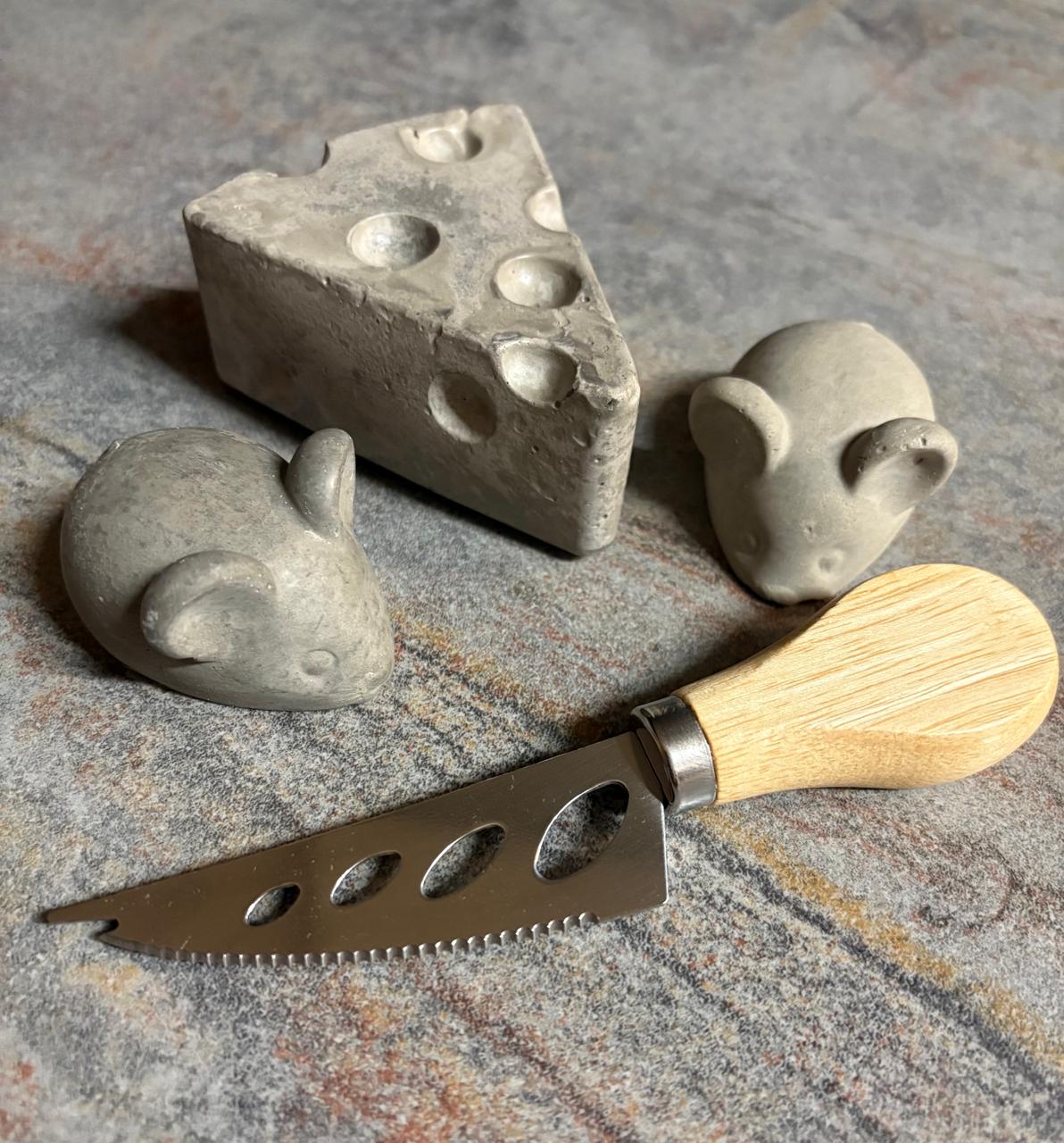 Set Gourmet "Cheese Lovers": Decoración Artesanal en Cemento con Cuchillo Especializado